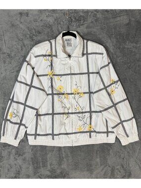 Vintage Koret Francisca White Floral Embroidered Plaid Jacket Cottage Size Large